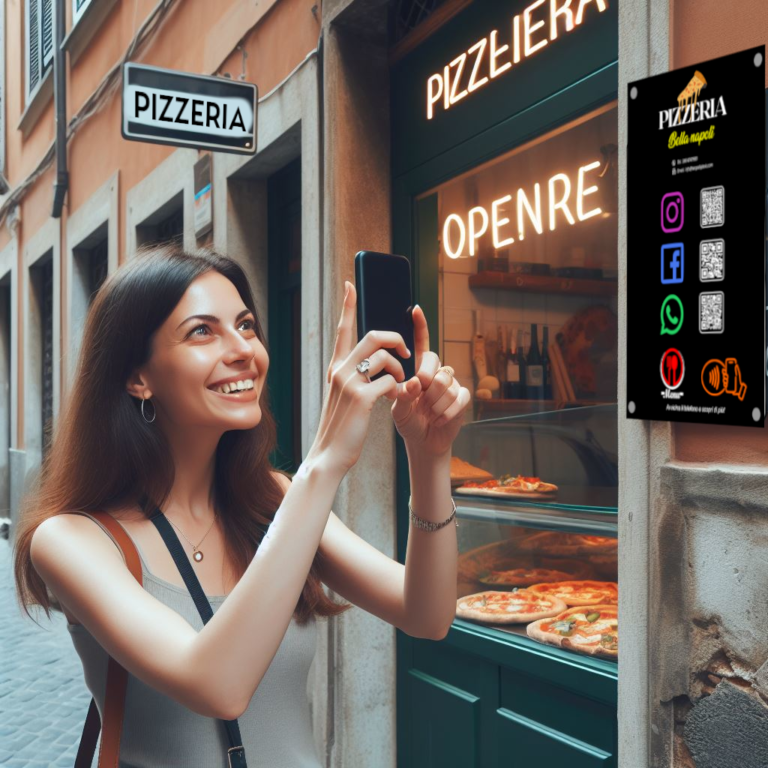 Esplora l'innovazione! Una donna si ferma incuriosita davanti a una targa digitale personalizzata nel nostro accogliente ristorante-pizzeria.